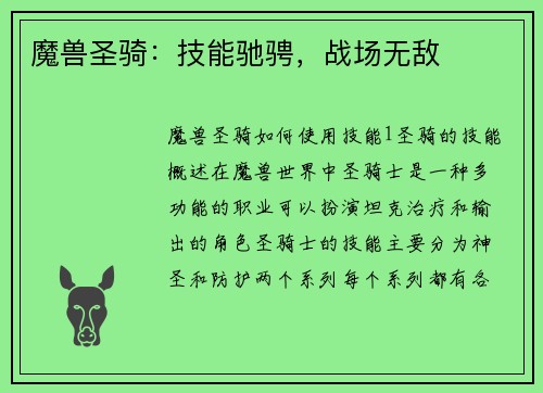 魔兽圣骑：技能驰骋，战场无敌